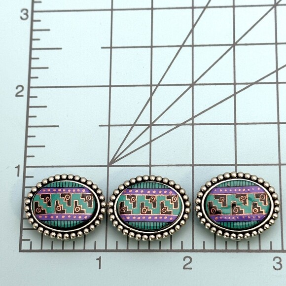 Vintage Southwest Silver Tone Button Covers Enamel Work Lot of 3 Oval Aztec - Picture 3 of 5